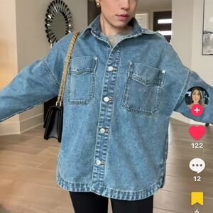 Oversized Denim Shirt Jacket Blue Button Front Utility Pockets L/XL CottonBlend
